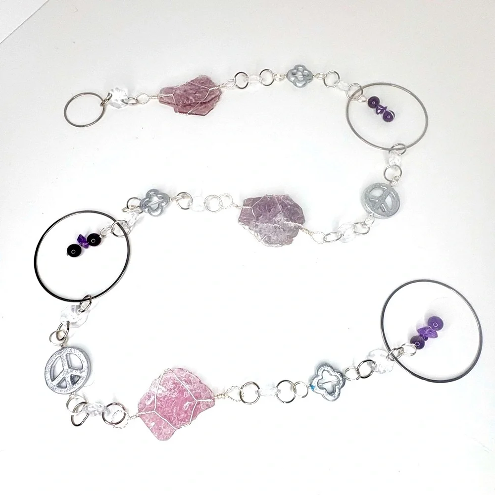 Handmade One of a Kind Gemstone Wall Hanging Lepidolite & Amethyst